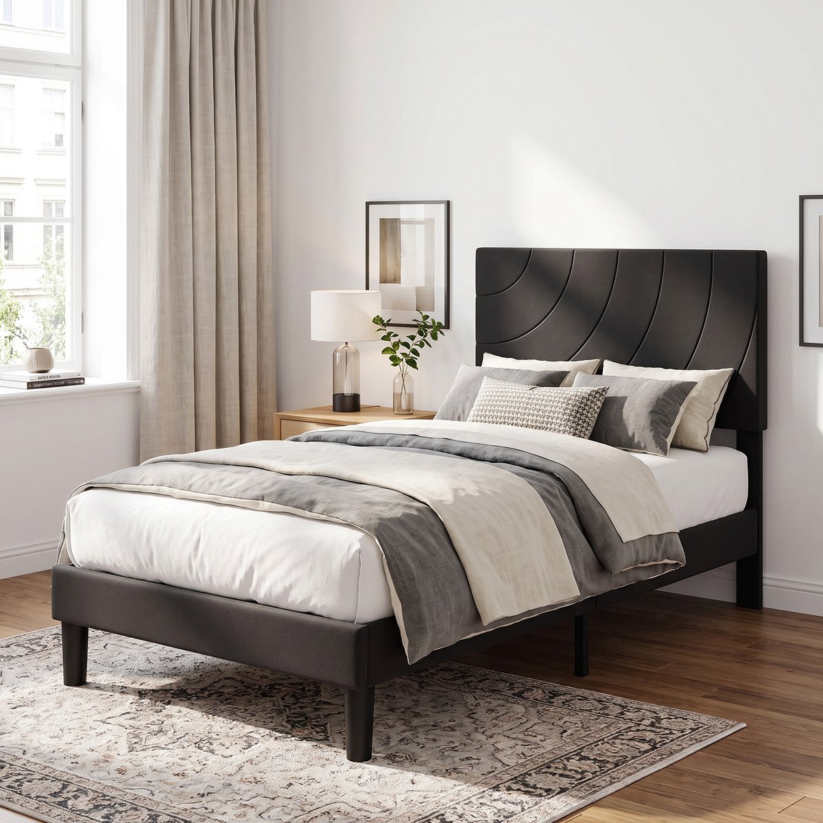 KUTAS Eenpersoonsbed 90 x 200 cm - Gestoffeerd Bedframe - Lattenbodem - Verstelbaar Hoofdbord - Antislip Bedpoten - Zwart