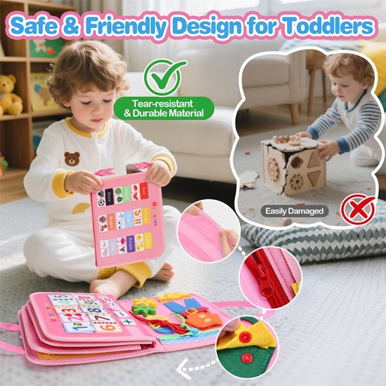 Busy Board voor Peuters - Montessori Speelgoed voor Fijne Motoriek - Activiteitenboek - Sensorisch Speelgoed - Educatief Speelgoed - Reisspeelgoed - Busy Book Babyspeelgoed - 2+ jaar - Roze — afbeelding 4