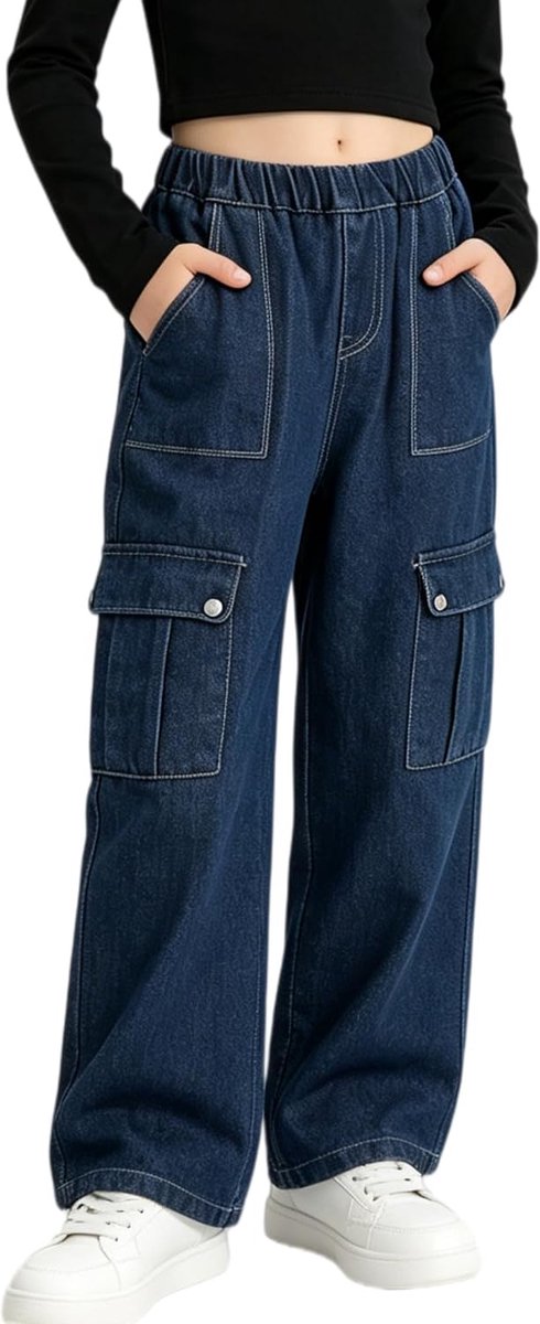 Jeans voor meisjes met losse elastische denim tailleband, blauwe spijkerbroek met modieuze scheuren