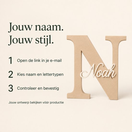 Gepersonaliseerd naambordje kinderkamer met naam en initiaal – Beige/Zwart – Keuze uit lettertypen — afbeelding 2