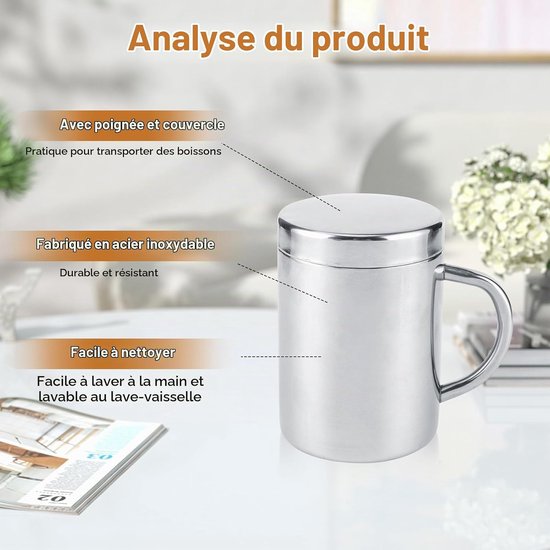 roestvrijstalen mok, thermische beker van roestvrij staal 200 ml, roestvrijstalen koffiebekers van 200 ml, kleine reismok met dubbelwandige beker met deksel en handvat, geïsoleerde bekers — afbeelding 2