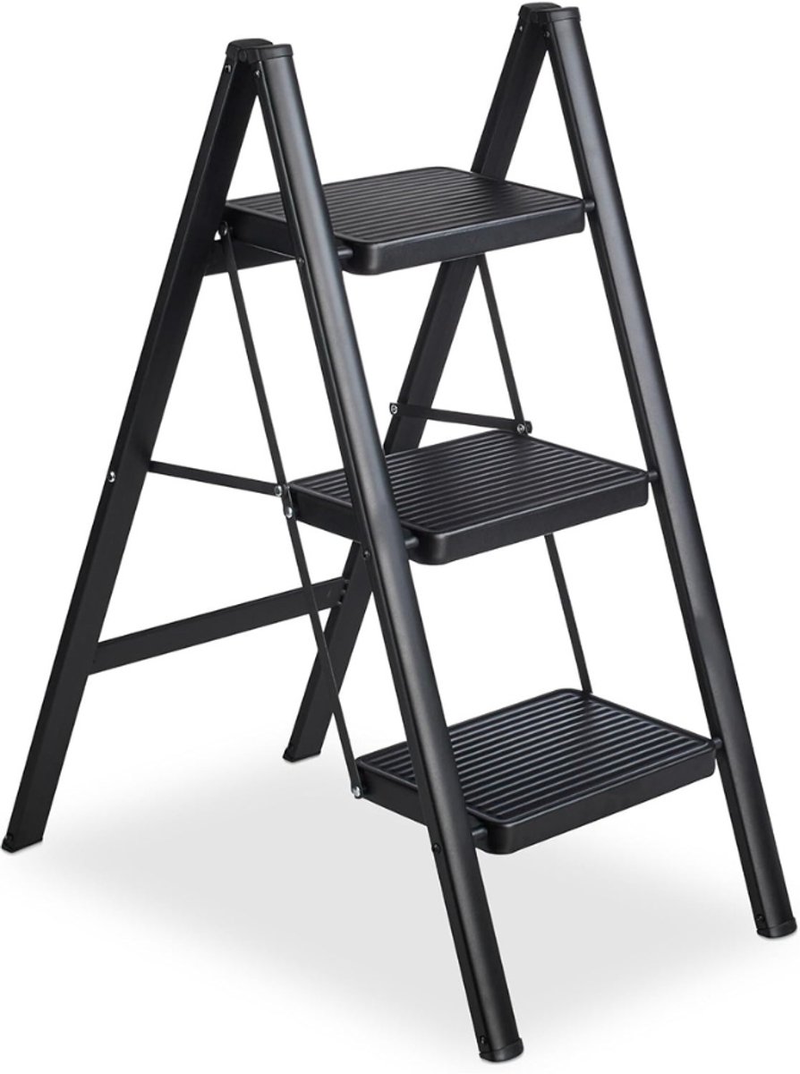 Bol.com Buxibo - Keukentrapje/Vouwladder 3 Staps - Keukenopstapje - Opvouwbare ladderkruk - Trapladder - Anti-Slip - Metaal - Zwart aanbieding
