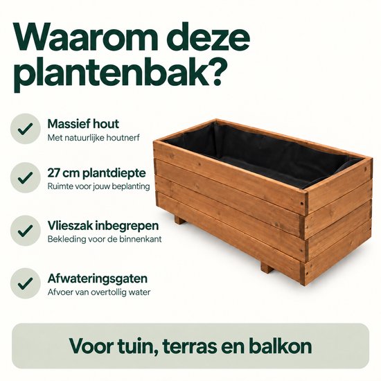 Houten plantenbak van 80x40x32 cm, met vlieszak en drainage.