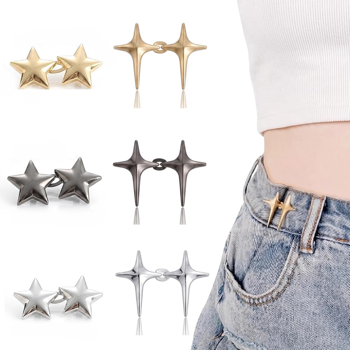 8 paar tailleklemmen in stervorm, brede broekclip, zonder naden, verstelbare tailleknopen voor jeans, rok, jurk, praktische clips voor het aanpassen van de taille in het dagelijks leven en op