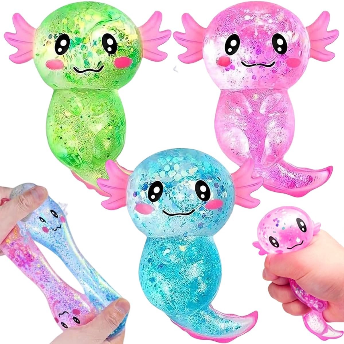 Squeeze stressspeelgoed, glinsterend axolotl, antistress speelgoed, knijpspeelgoed, Axolotl Squeeze speelgoed, voor kinderen en volwassenen (groen, blauw, roze)