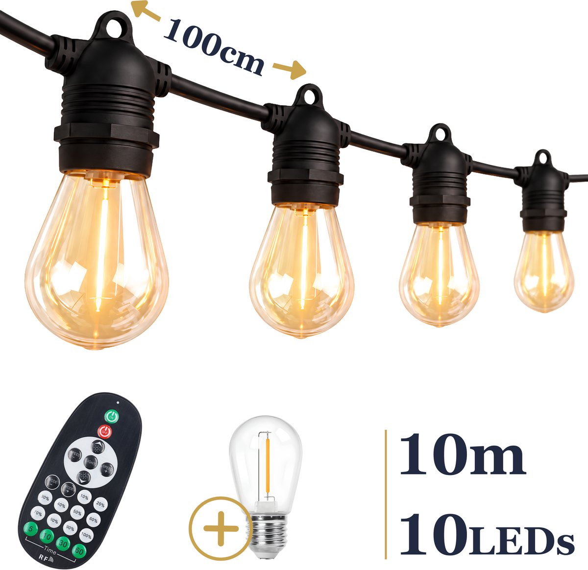 Odaily S14 Lichtsnoer 10m - 10 LEDs - IP65 Waterdicht - Warm Wit Licht - Dimbaar - Premium Kwaliteit