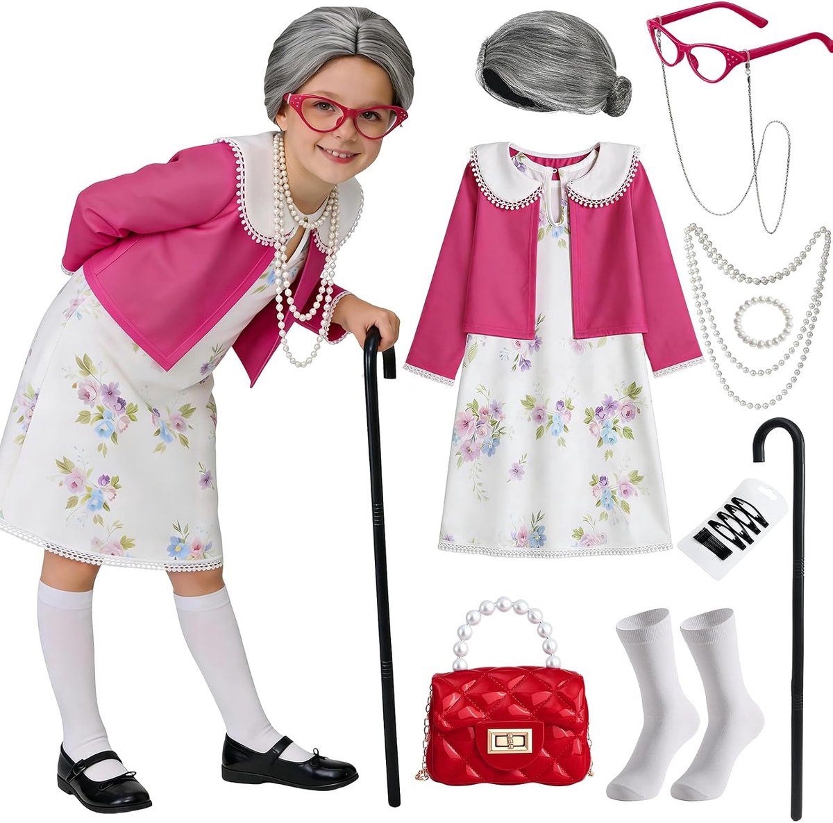 Grootmoederkostuum voor meisjes, oma-kostuum met pruik, oma, jurk, vest, tas, bril, halsketting, parels, armband, lange sokken voor oude meisjes, carnaval, cosplay, feest