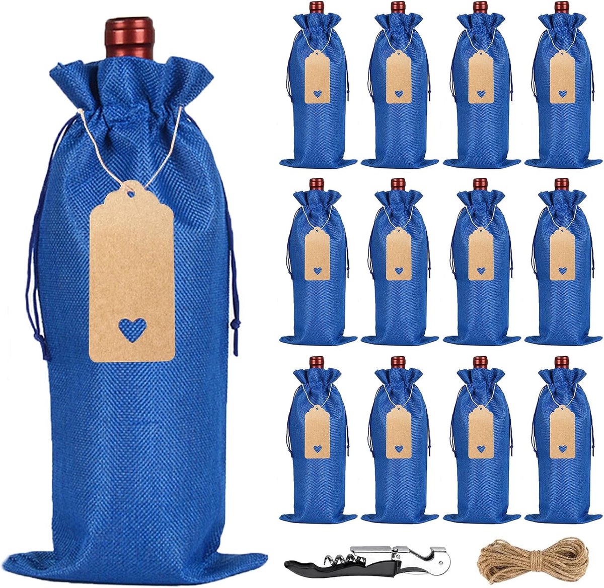Wijnzakken, 12 stuks jute wijnzakken met tags en touwen, jute wijnzakken voor bruiloft, feest, kerst, verjaardag (blauw)