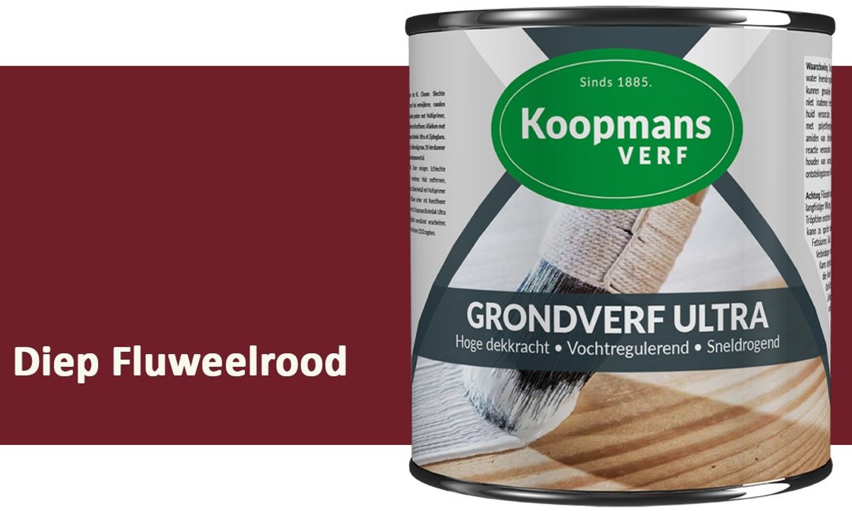 Koopmans Grondverf Ultra – Grondverf Hout & Metaal Binnen en Buiten – Vochtregulerende Primer – Hoge Dekking – Zijdeglans – Diep Fluweelrood – 375 ml