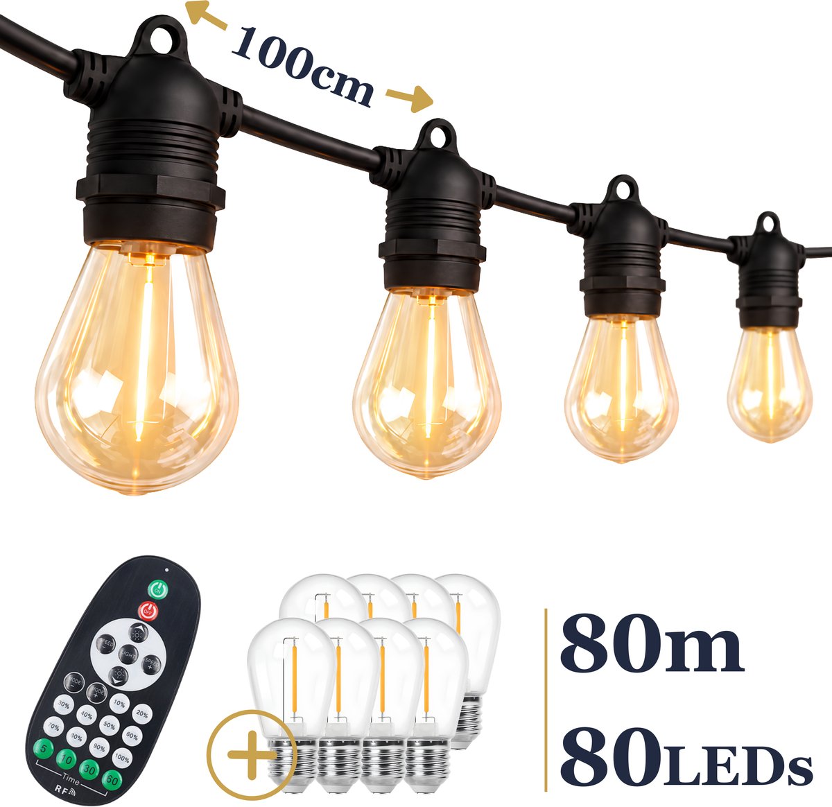 Odaily S14 Lichtsnoer 80m - 80 LEDs - IP65 Waterdicht - Warm Wit Licht - Dimbaar - Premium Kwaliteit