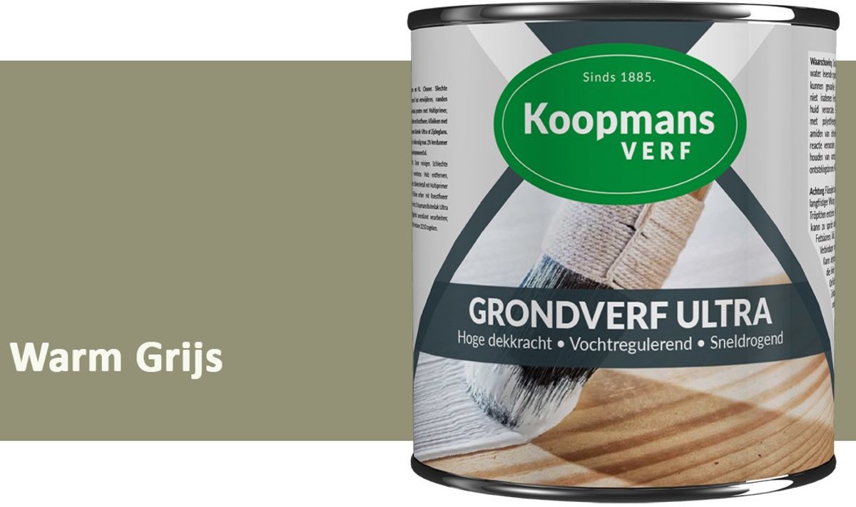 Koopmans Grondverf Ultra – Grondverf Hout & Metaal Binnen en Buiten – Vochtregulerende Primer – Hoge Dekking – Zijdeglans – Warm Grijs – 375 ml