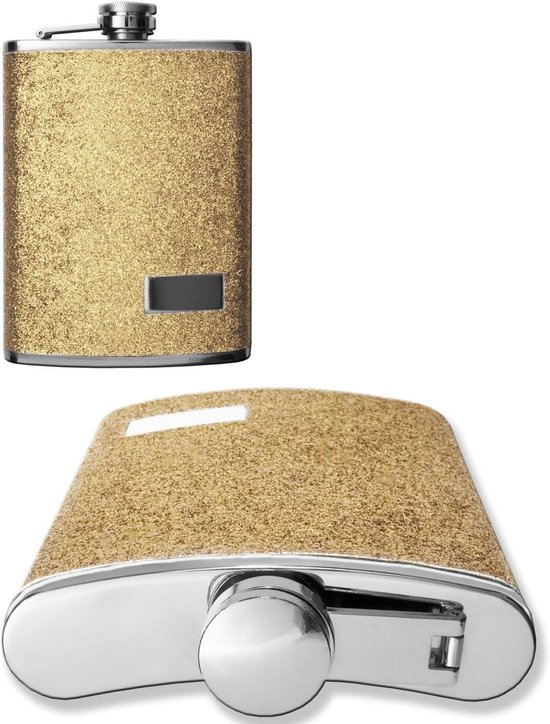 Heupfles, glitterdesign, goud, 240 ml, in geschenkdoos — afbeelding 3