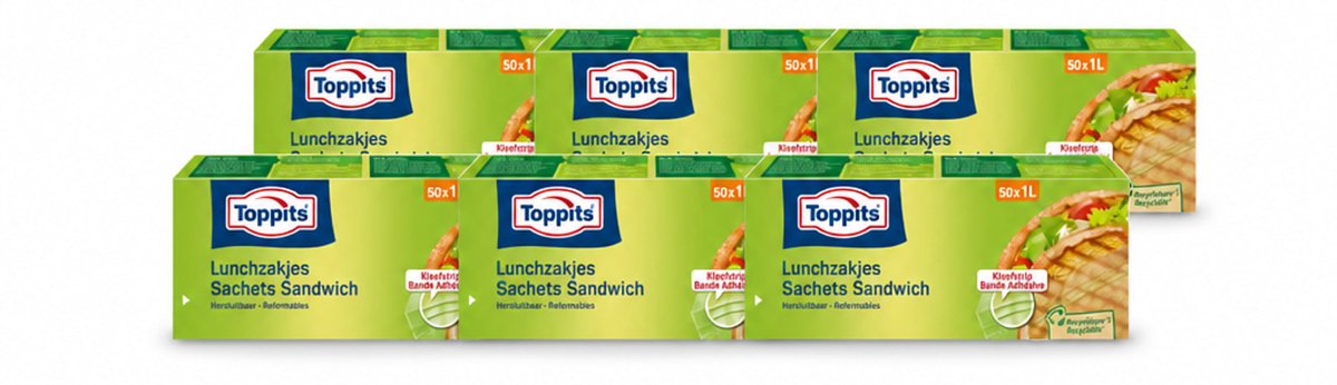 6 x Toppits – Lunchzakjes – Hersluitbaar – 1 Liter – 50 Zakjes - Voordeelverpakking - 6 stuks