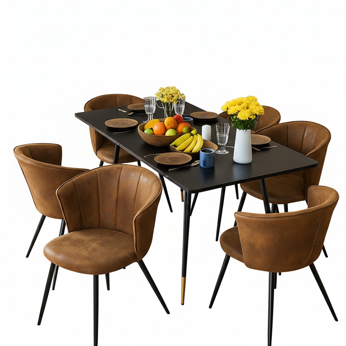Eetkamerset - Uittrekbare Tafel Met 6 Vintage Kuipstoelen - Bruin