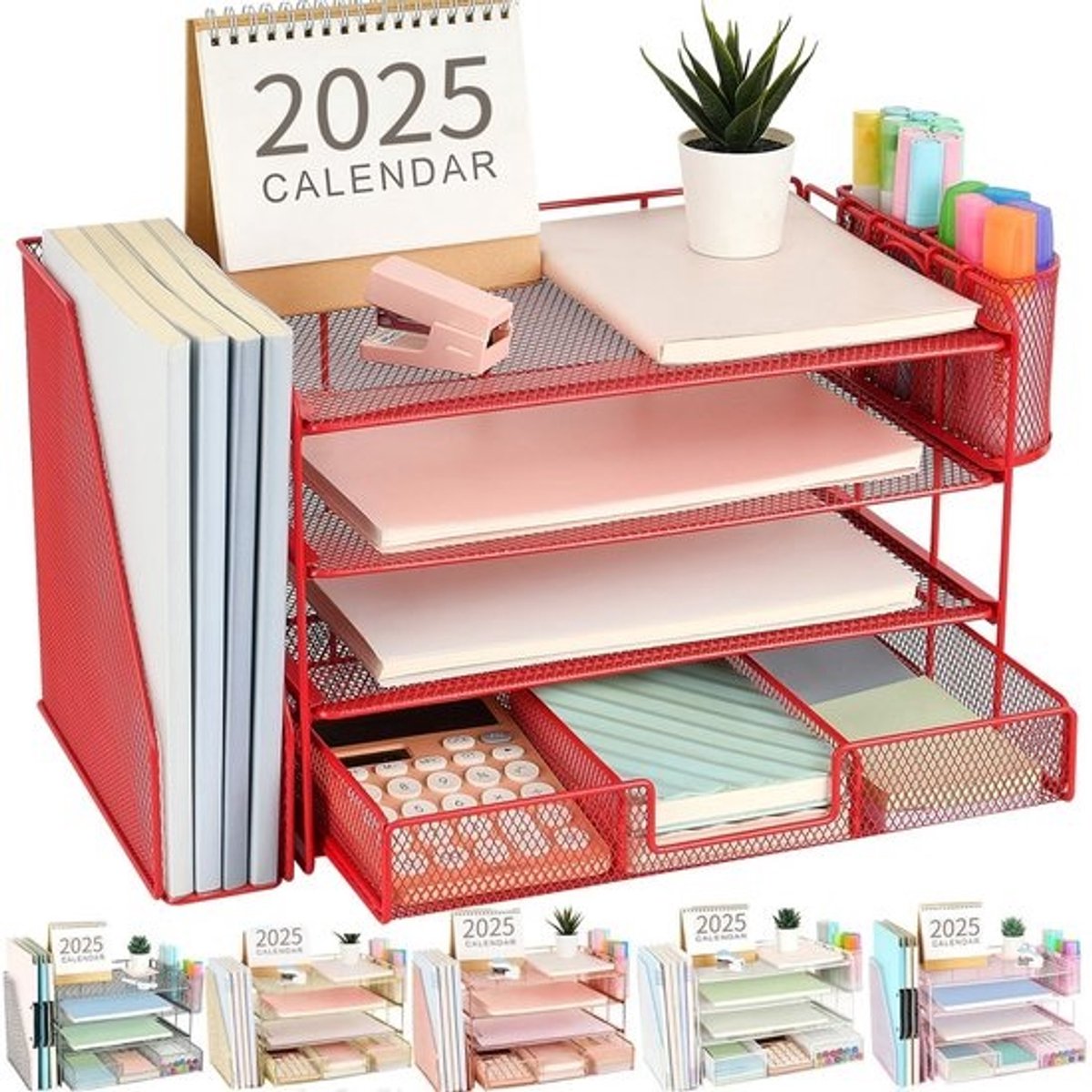 Papieren brievenbakorganizer met lade en pennenhouders - 4-laags bureauaccessoires voor een opgeruimd bureau