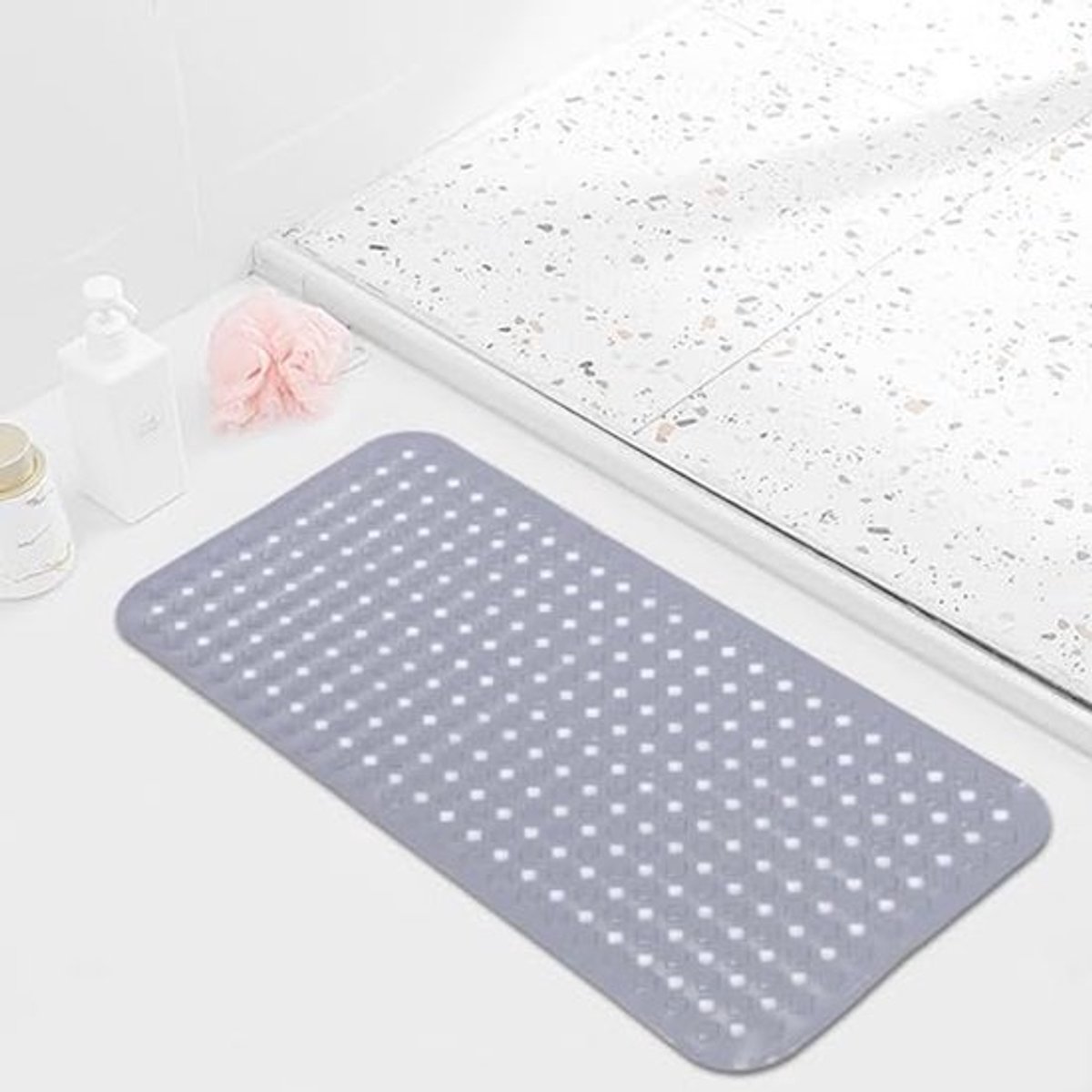 Antislip Badmat Douchemat 40 x 88 cm met Afvoergaten en Zuignappen - Grijze Anti-Schimmel Vloermat voor Badkamer