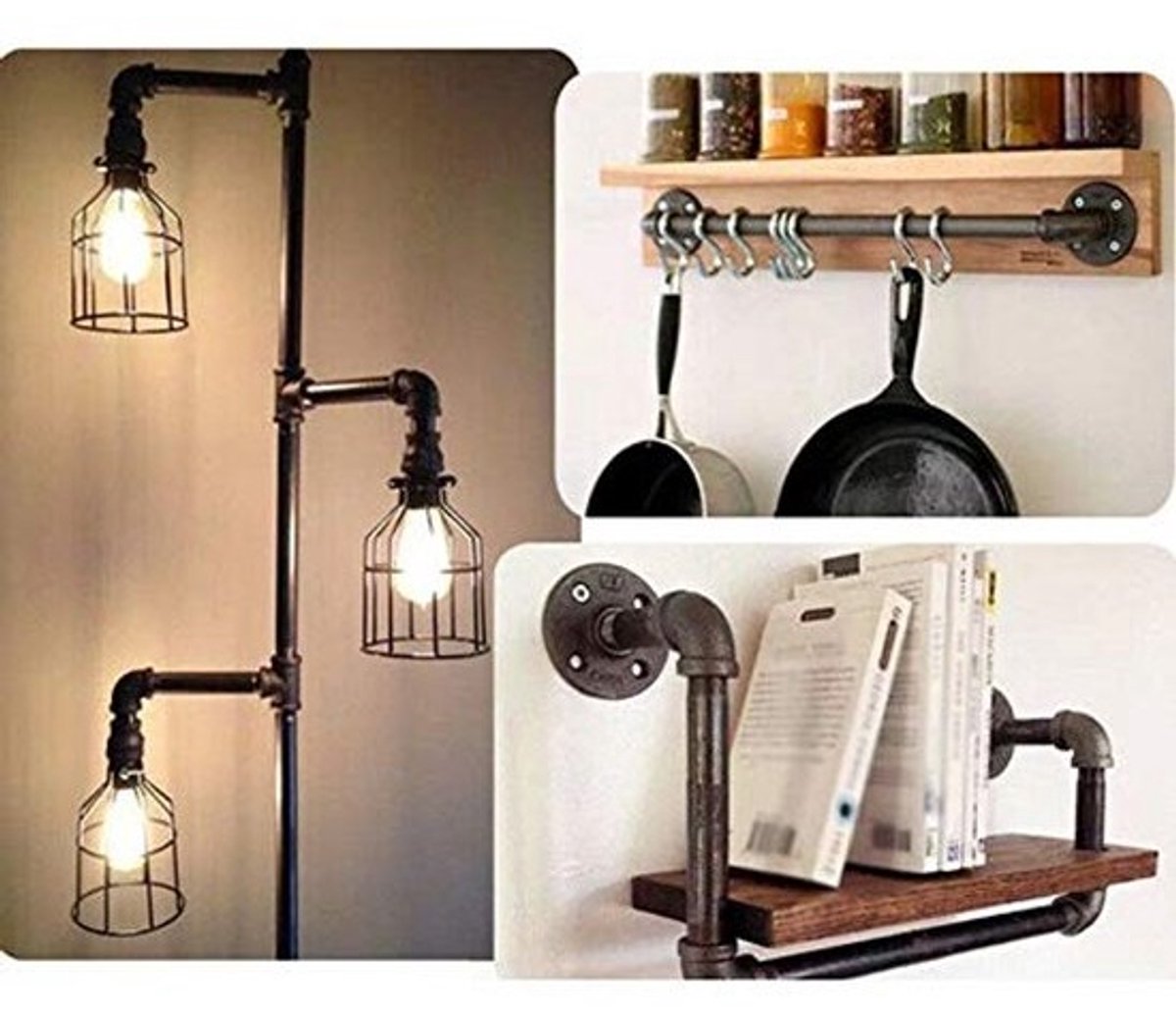 Wandrek Industrial 3/4 inch met zwarte verbindingsstukken en buisbogen voor steampunk decoratie