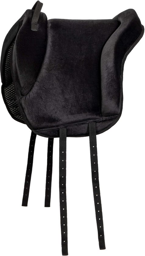 Zwarte barebackpad met velours bekleding, mesh zijkanten en verstelbare singelstoten.