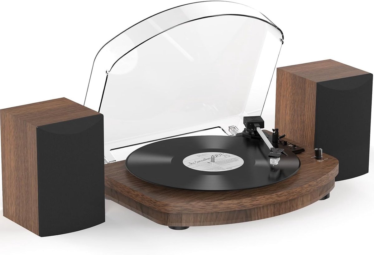 Vinyl platenspeler met twee stereoluidsprekers, bruin