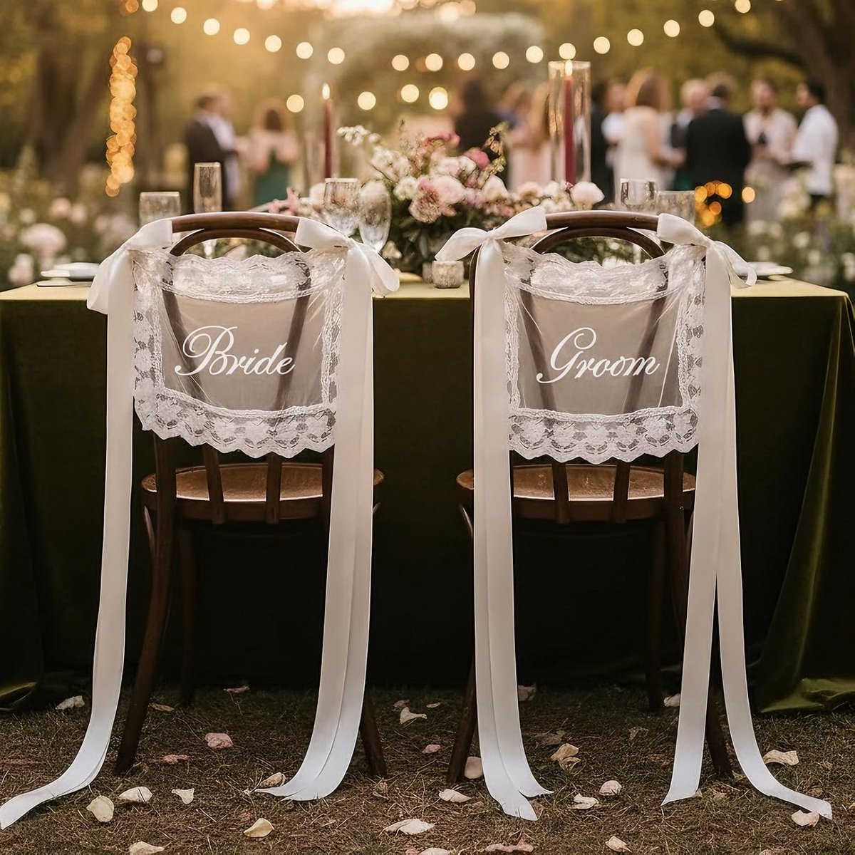 Signs Bride Groom stoeldecoratie bruiloft set 1 paar met satijnen linten tule witte stoelhoezen kant stoeldecoratie bruid bruidegom stoel banner foto rekwisiet