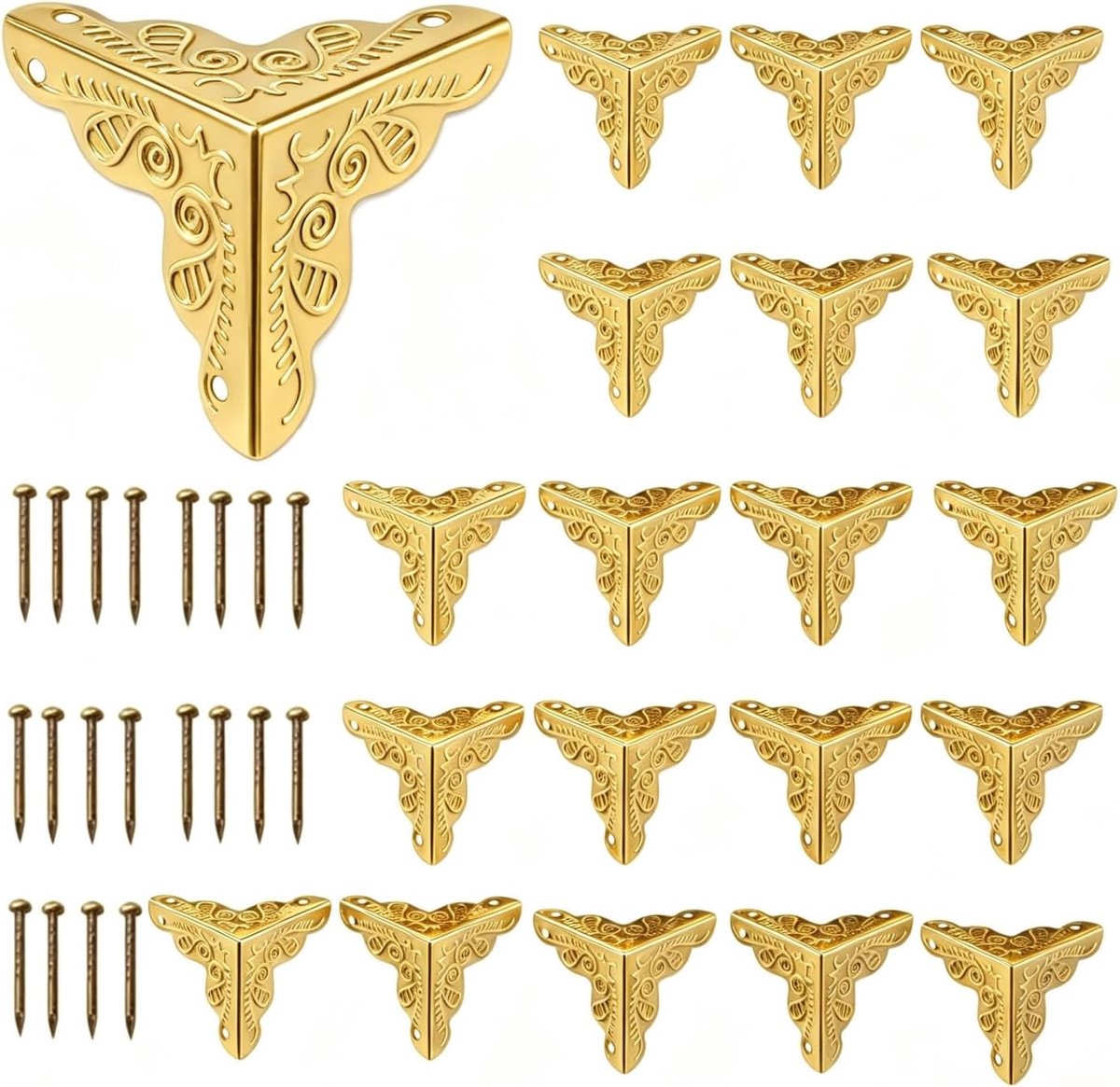 Meubelhoeken, randbescherming, 20 stuks, metalen randbescherming, vintage hoekbescherming, metaal, met schroeven, voor meubels, sieradendoos, geschenkdoos, kast, inclusief (goud)