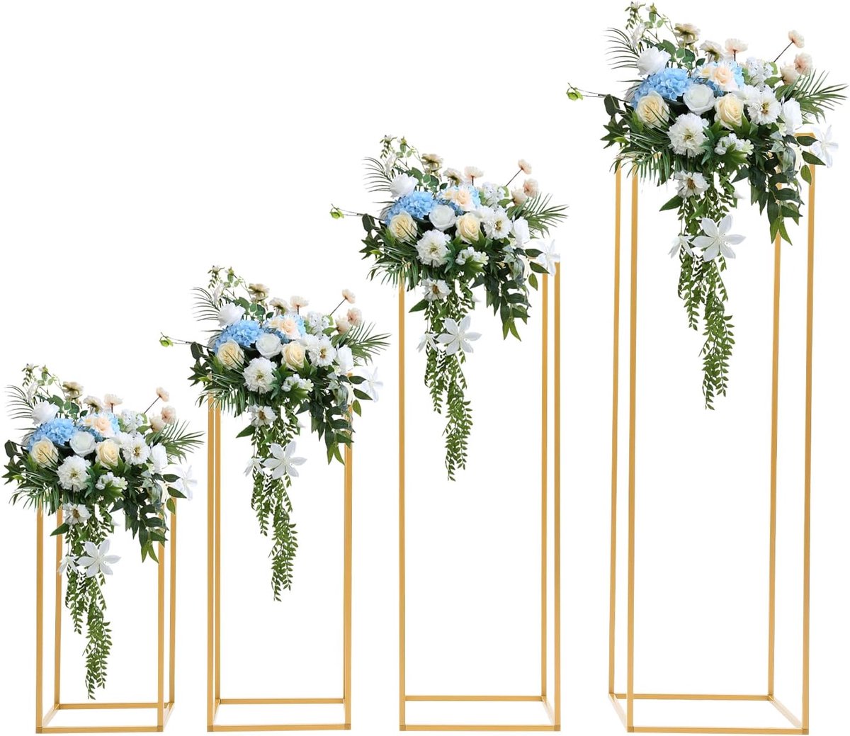 4 stuks metalen bloemenstandaard, goud, in hoogte verspringende bloemenzuilenhouders voor bruiloft, feest, tafeldecoratie, stabiel rechthoekig bloemenrek van staal, eenvoudige montage en