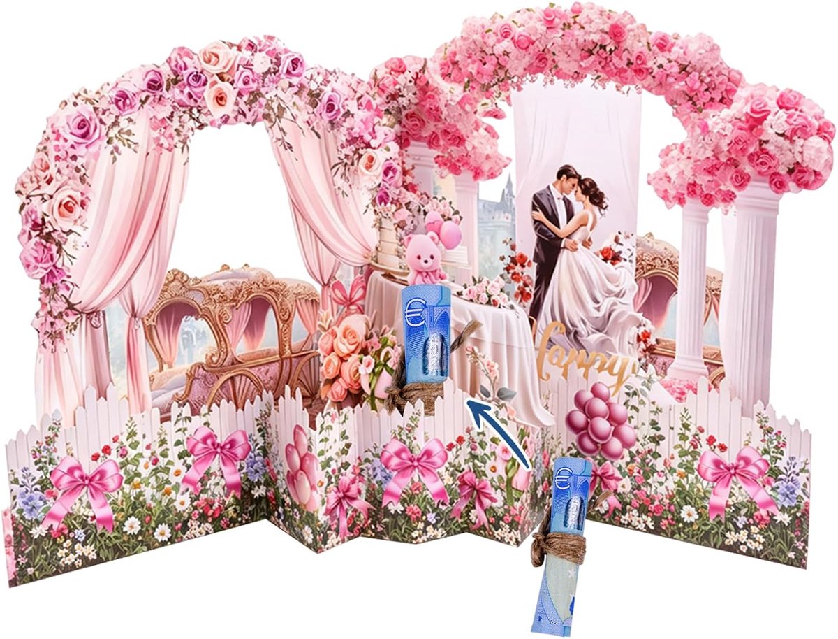 Upkaart Bruiloftsboog met Bloemen, 3D Huwelijkskaart voor Bruidspaar, Pop Up Huwelijkskaart, Felicitatiekaart voor Huwelijksreis, Geldcadeau en Huwelijksreis Cadeau