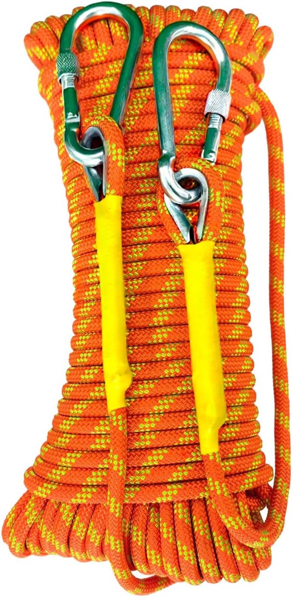 50m Statisch Touw 8mm Outdoor Bergbeklimmen Touw met 2 Stalen Haken Heavy Duty Voor Reddingsboten Parachutes Wandelen Camping UIAA Certificering Fluorescent Oranje