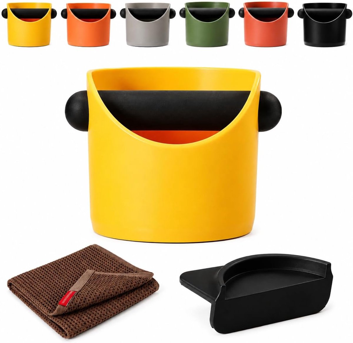 Koffie-knockbox, ronde espresso-droesembak met afneembare rubberen knock bar, siliconen tamping mat en 30 x 30 cm katoenen wafeldoek, klein antislip barista-accessoire