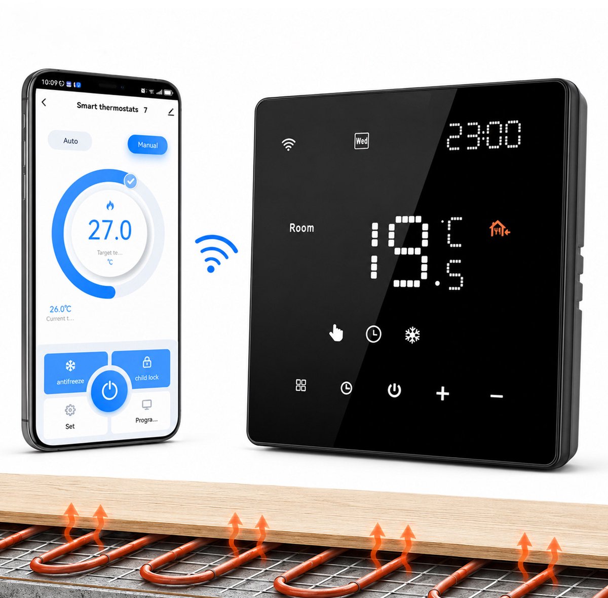 CONENTOOL WIFI Slimme Thermostaat 16A - Programmeerbaar - geschikt voor Elektrische Vloerverwarming - Zwart
