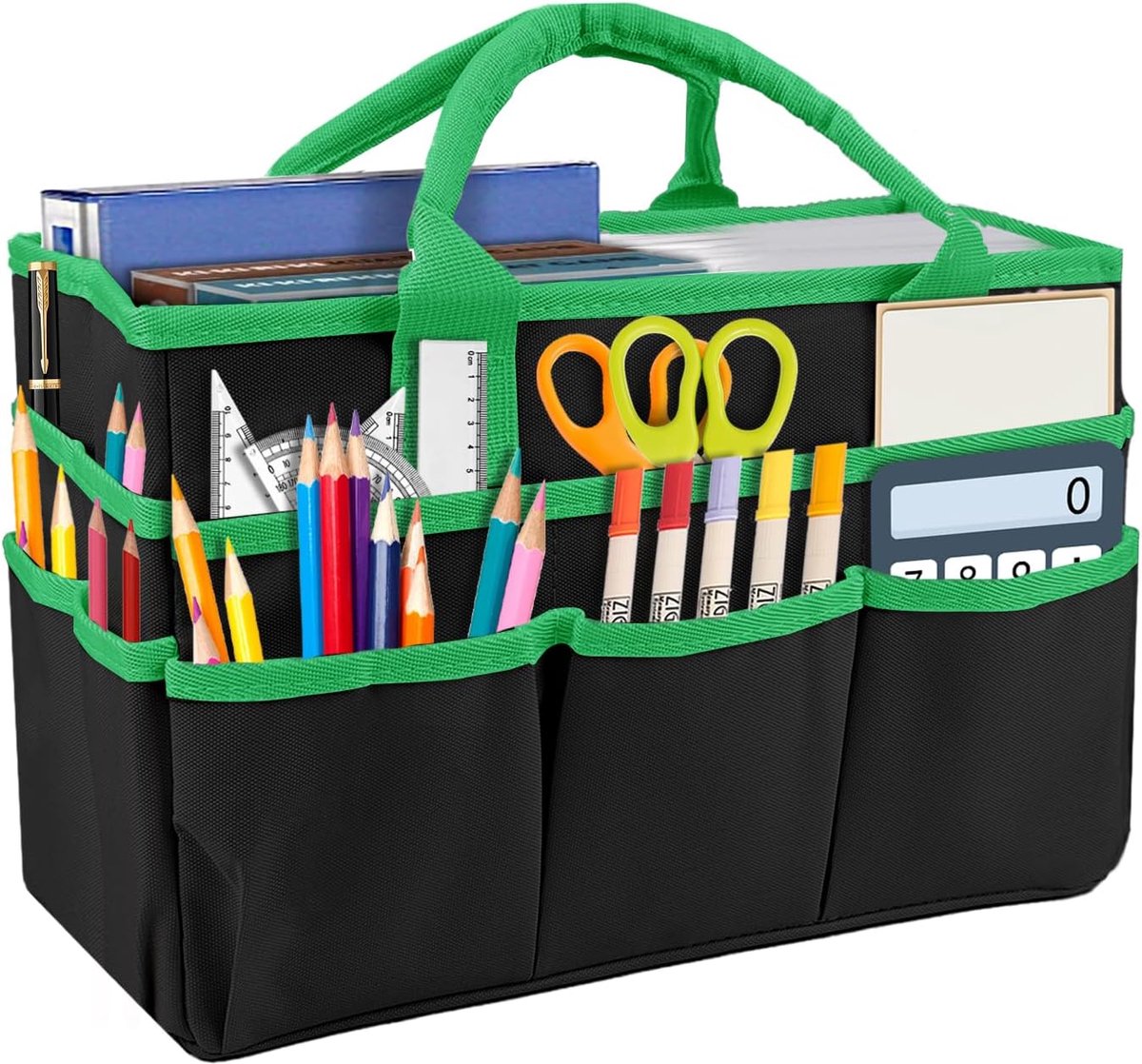 Knutselorganizer, draagtas, kunstopbergcaddy met meerdere vakken, draagtas voor kunstenaars, knutseltas, knutseltas met handvat, organizer voor schrijfwaren, penselen (zwart + groen)