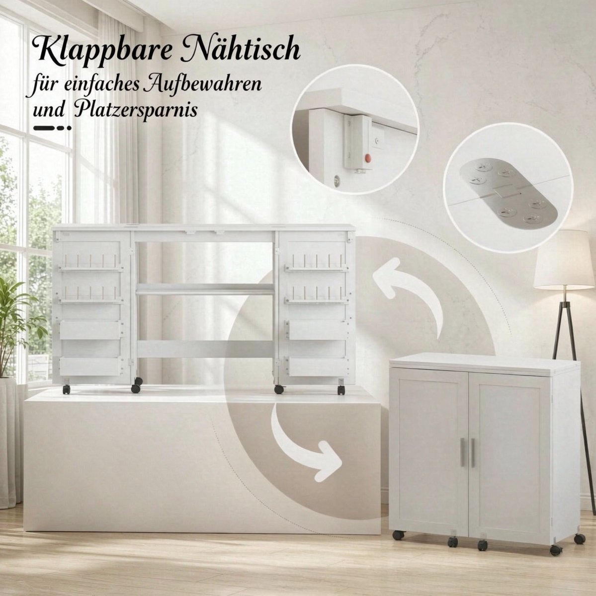 DESMIU Naaitafel – Klapbaar Met Wielen – 160 x 40 x 81,5 cm – Spaanplaat – Wit – Naaibenodigdheden Opbergen – Twee Magnetische Deuren