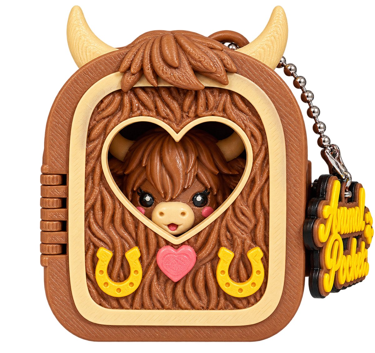 Animal Pockets – Schotse Hooglander – Verzamelfiguur in huisje met deurtje – Hanger voor tas of rugzak