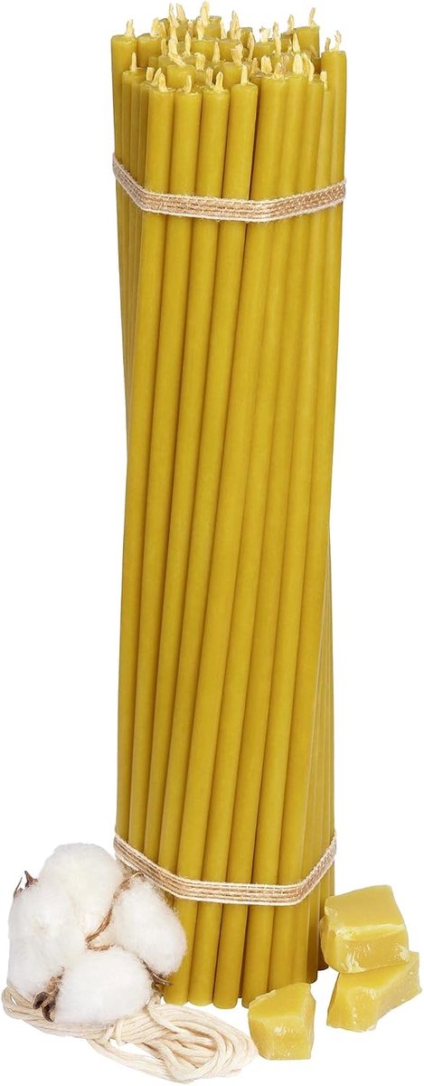 50 stuks No40 gele dunne kerkaarsen bijenwas kaarsen "barnsteen" Premium kwaliteit L: 265 mm, Ø 7,15 mm, brandduur: 2 uur