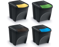 Sortibox Afvalscheidingssysteem, 4 x 25 l, set, afvalscheidingscontainer, recyclingcontainer, afvalsorteermand, container, afvalemmer van kunststof (zwart)