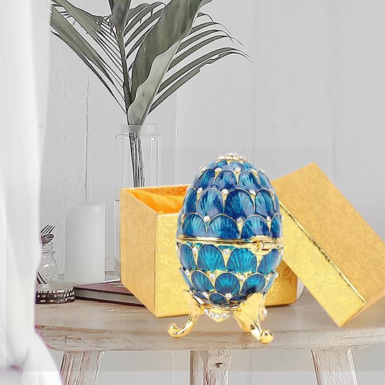 Geëmailleerde Faberge Ei Stijl Decoratieve Pasen Gift Scharnierende Sieraden Snuisterijdoosje voor Unieke Home Decor(Blauw) — afbeelding 2