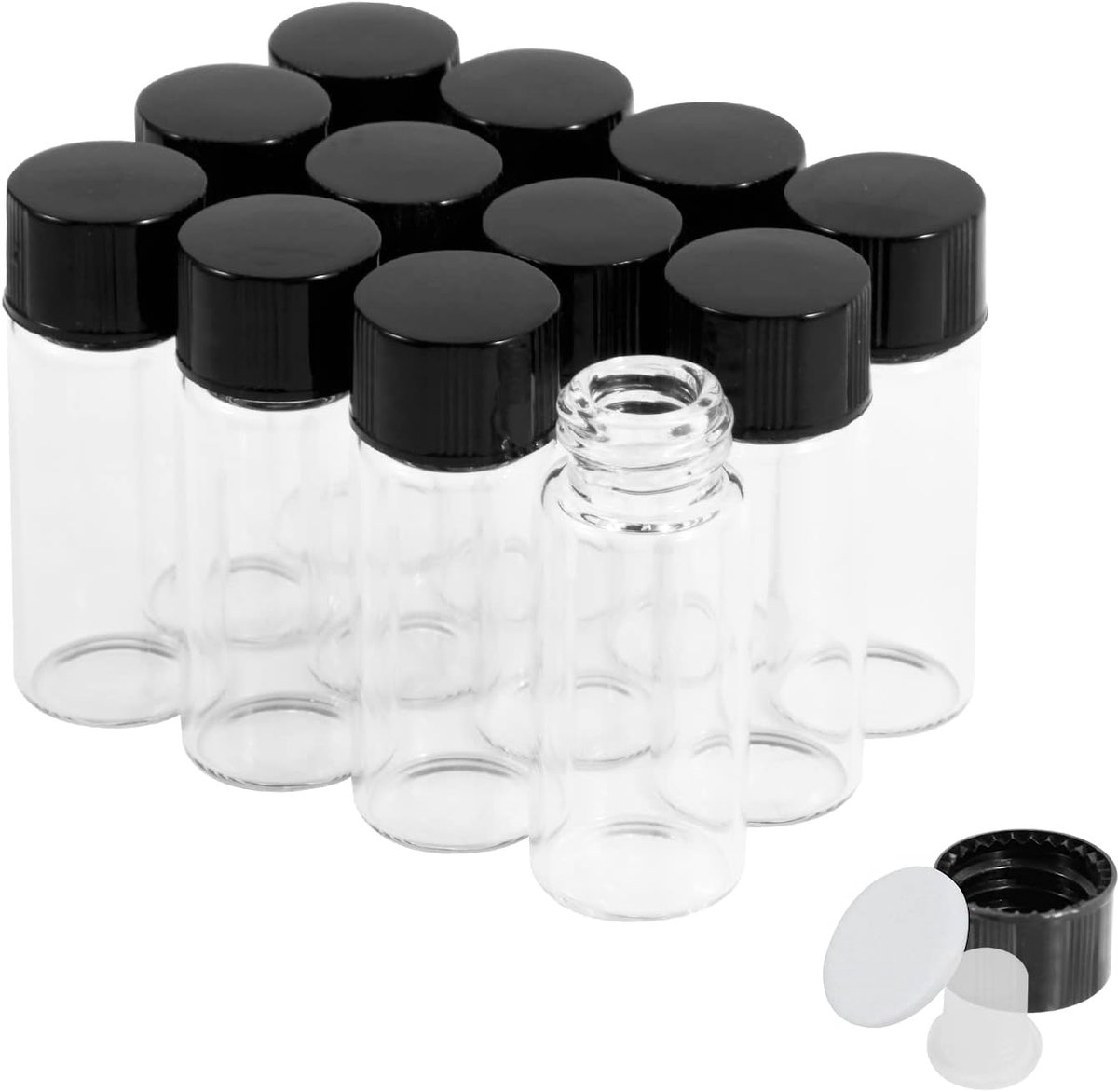 4 ml doorzichtige glazen flesjes met schroefdoppen en plastic stoppen, 1 kleine fles met vloeistofmonster, lekvrije flacon, 12 stuks