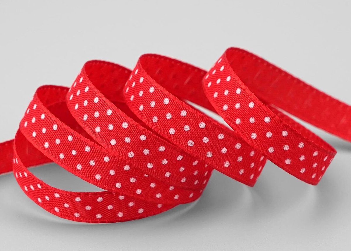 25 m x 10 mm taftlint, enkelzijdig bedrukt met stippen, rood, vormvast, zonder draad, decoratieband, lint, cadeaulint, Pasen, voorjaar, kinderen, gestippeld, vrolijk