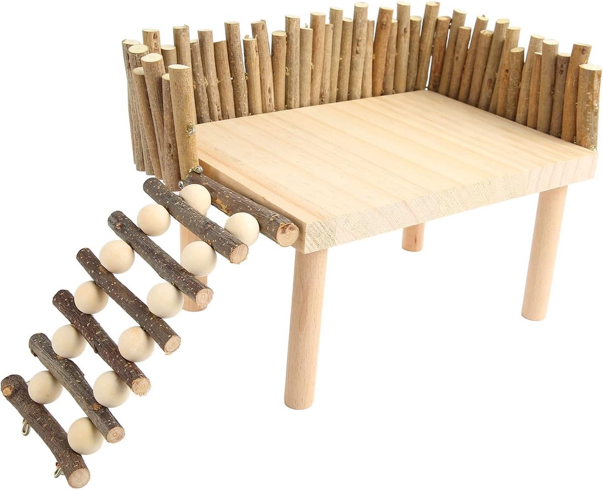 Platform voor kleine dieren, klimrek, boomtak, klimladder, houten dier, speelplaats, kleine dieren, activiteit, set met ladder met omheining, voor hamsters, goudbruin
