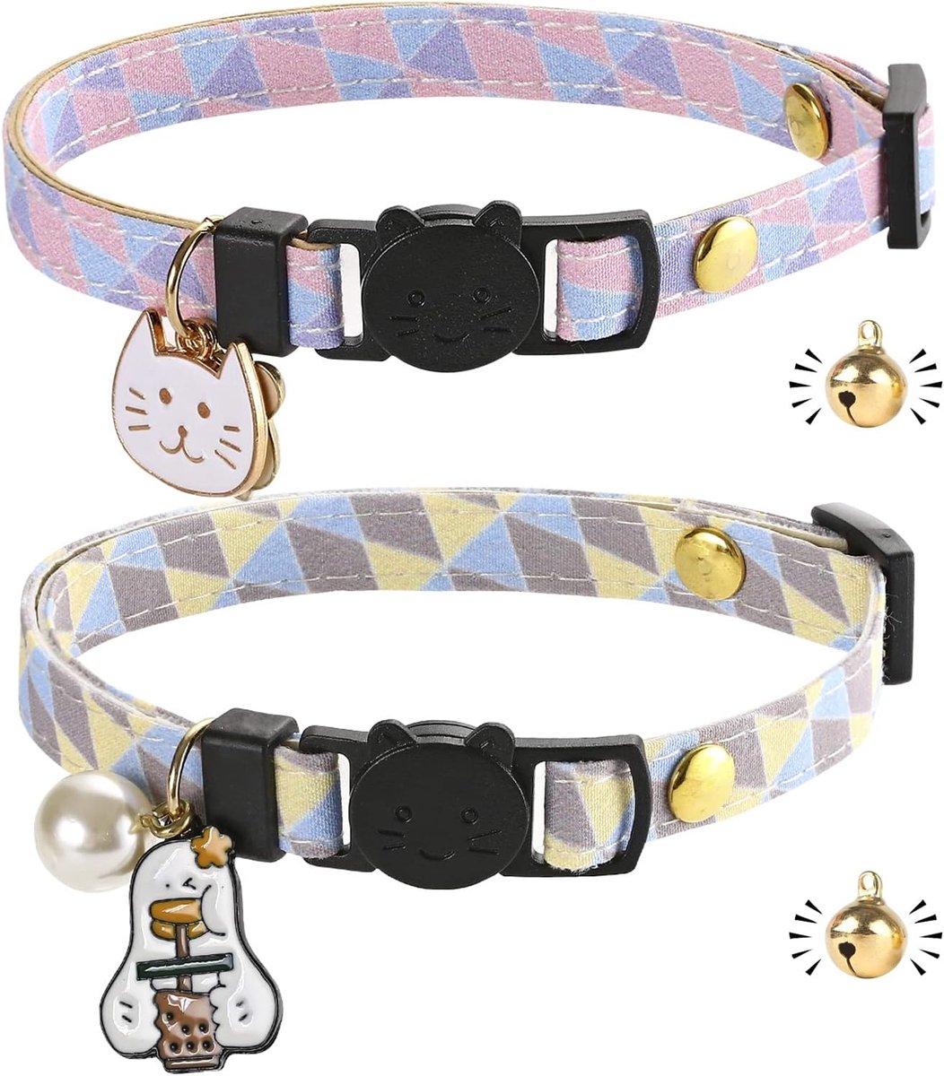 Kattenhalsband met snelsluiting, halsband voor kat met leer, handgemaakt, met bel, gouden bal, Japans design, verstelbaar, 2 stuks