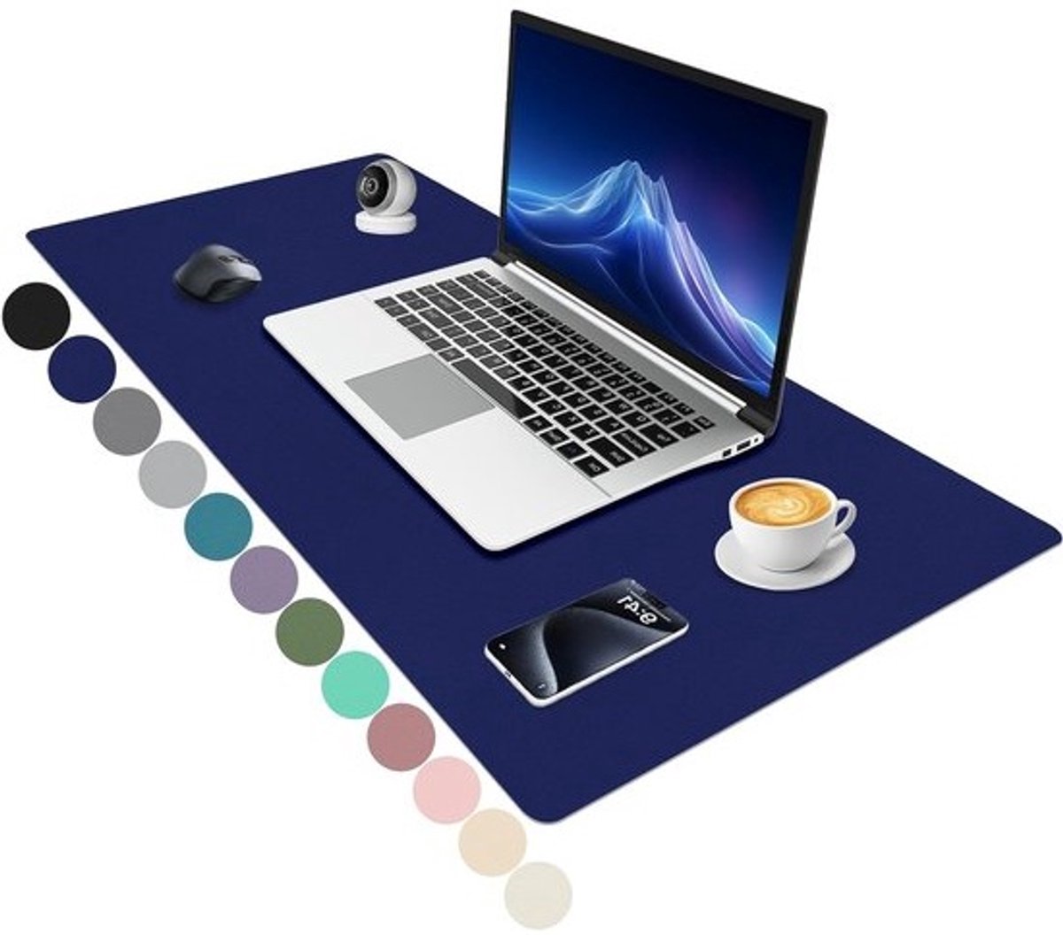 XXL bureauonderlegger - Muismat en organizer - Beschermt de werkplek - Antislip PU-leer - 90 x 43 cm - Donkerblauw