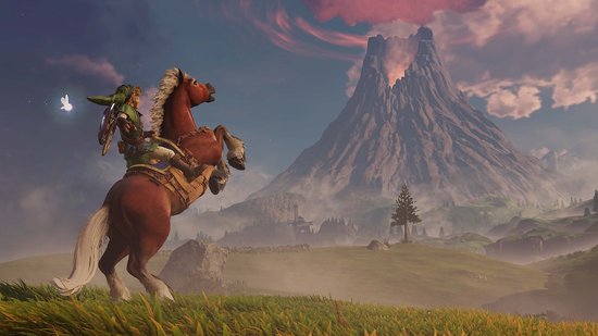 Jonge Link op een steigerend bruin paard, met een lichtgevend wezentje, kijkt uit over een landschap met een vulkaan op de achtergrond.