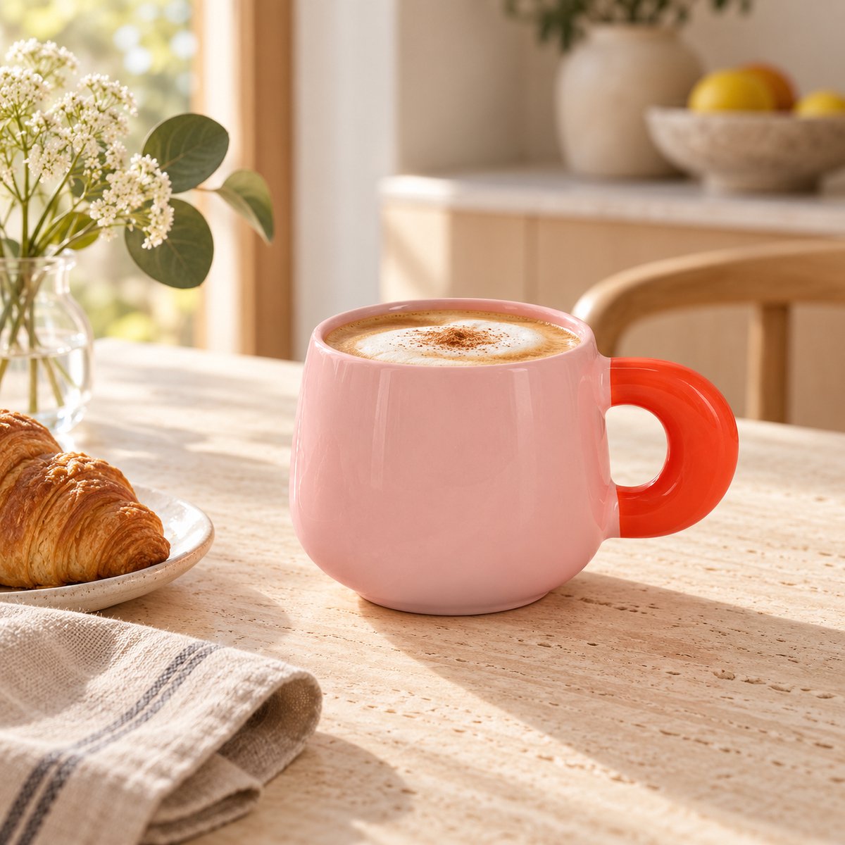Fameilleur Coco Grote Koffiemok 47 cl – Roze Beker met Rood Handvat – New Bone China Porseleinen Theemok – Cappuccino-, Latte- en Chocolademelk Mok – Vaatwasser- en Magnetronbestendig- koffie mok - koffiemok- koffie beker- koffiebeker
