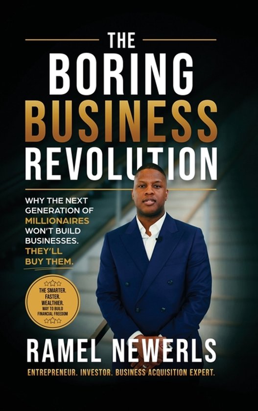 Boekomslag: The Boring Business Revolution door Ramel Newerls, met een man in een blauw pak.