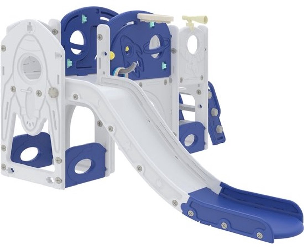Multifunctionele 8-in-1-kinderglijbaan - indoor en outdoor speeltoestel met basketbal, ringen en schommels - blauw