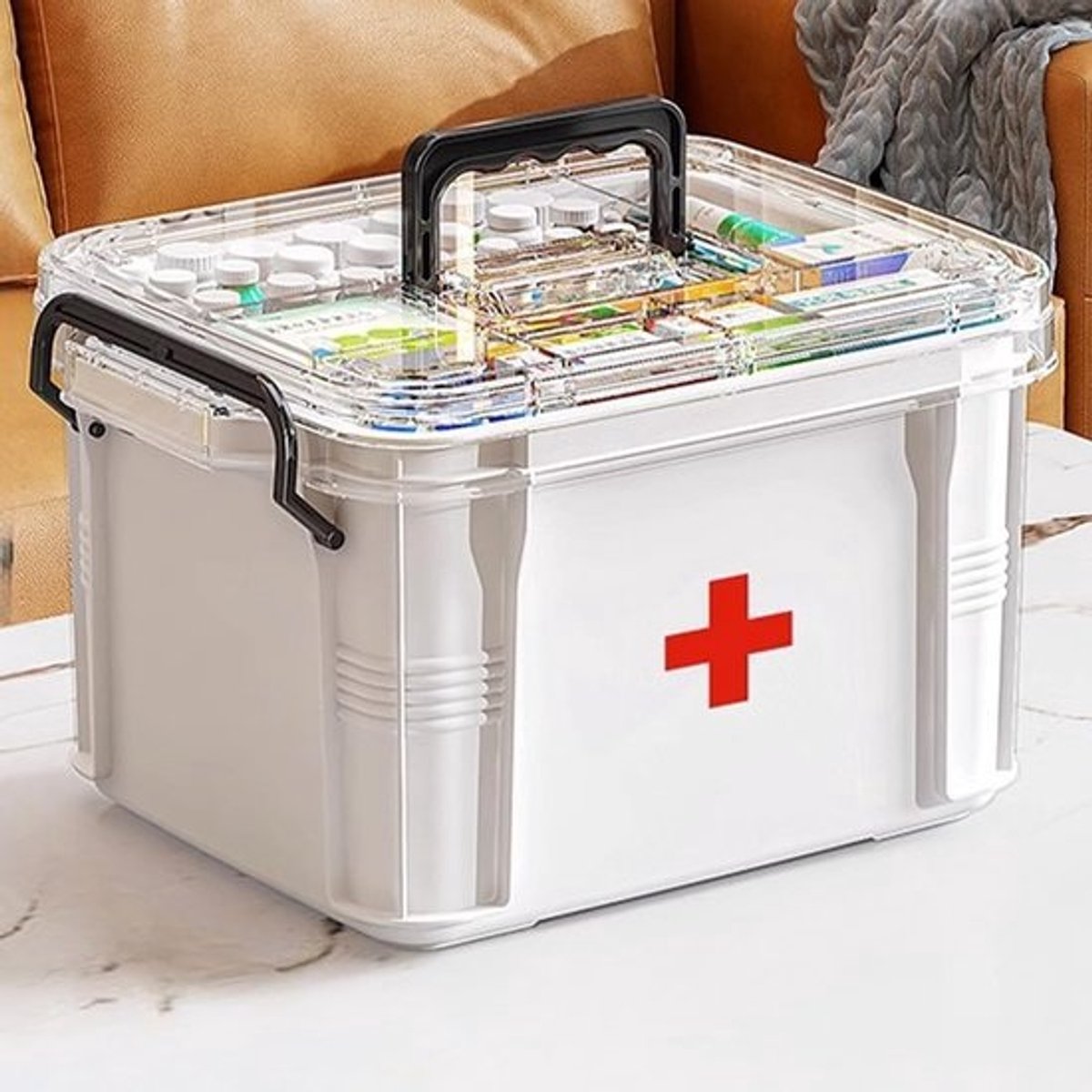 Multi-grid medicijnorganiser - Draagbare doos met dubbele laag en deksel - voor eerste hulp thuis en op school