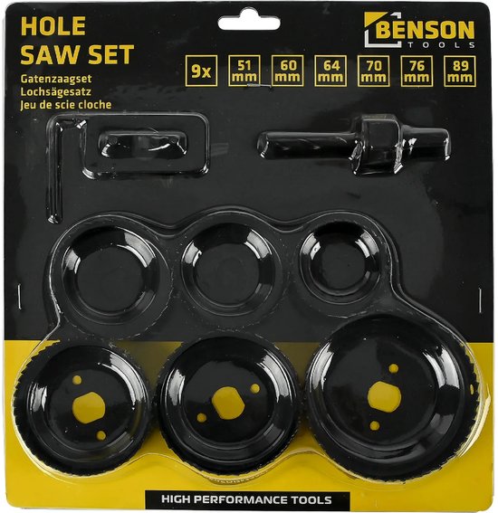 Benson 9-delige gatenzaag set met maten 51, 60, 64, 70, 76, 89 mm.