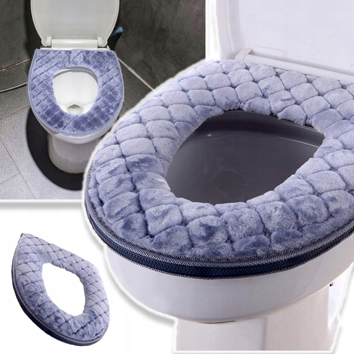 Pluche Toiletbrilhoes Van Waterdicht PU-Leer - Afneembaar Wasbaar Kussen Met Ritssluiting Warme Wintertoiletbrilhoes Voor Ouderen En Mensen Met Een Beperking - Grijs