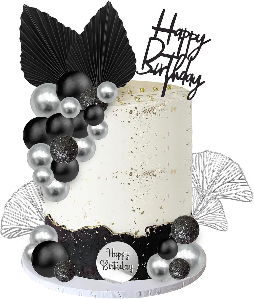 Ballen, 30 stuks, taartdecoratie, zwart, zilver, taartdecoratie, zilver, taartdecoratie, Happy Birthday, taarttopper, zwart, voor verjaardag, bruiloft, jubileum