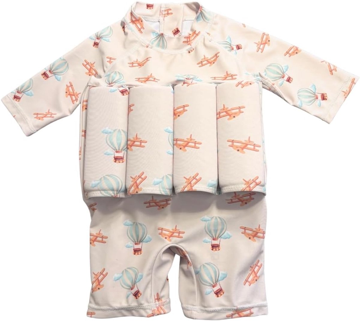 Zwempak voor jongens, heteluchtballon en vliegtuig, jumpsuit met lange mouwen, beige vintage stijl